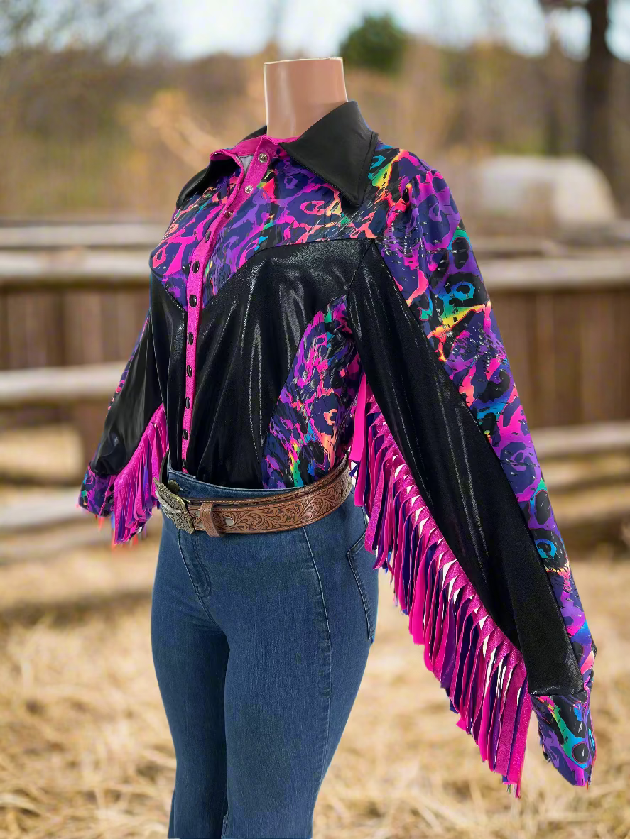 Rainbow Leopard Snap Front Rodeo Shirt with Thunderbird Fringe Rodeo Shirt Riverside Rodeo Shirts