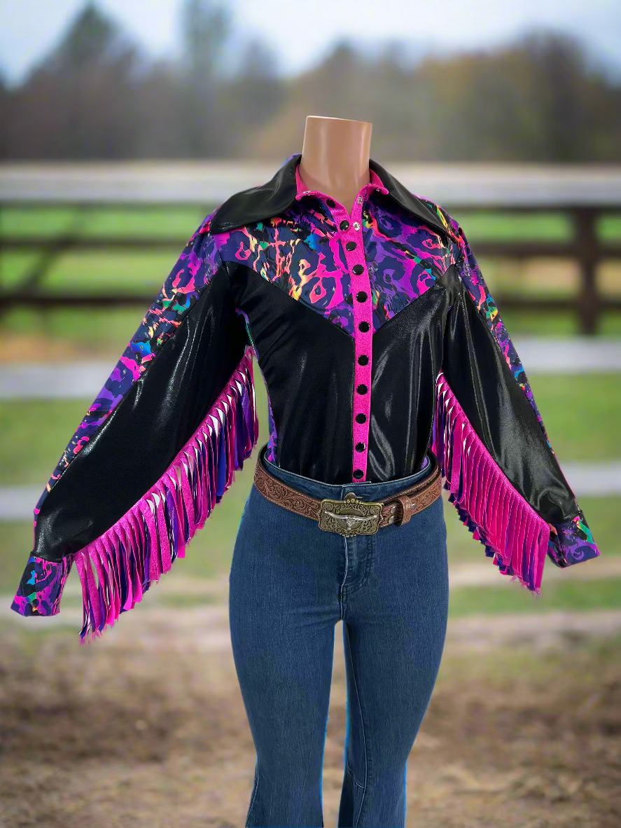 Rainbow Leopard Snap Front Rodeo Shirt with Thunderbird Fringe Rodeo Shirt Riverside Rodeo Shirts