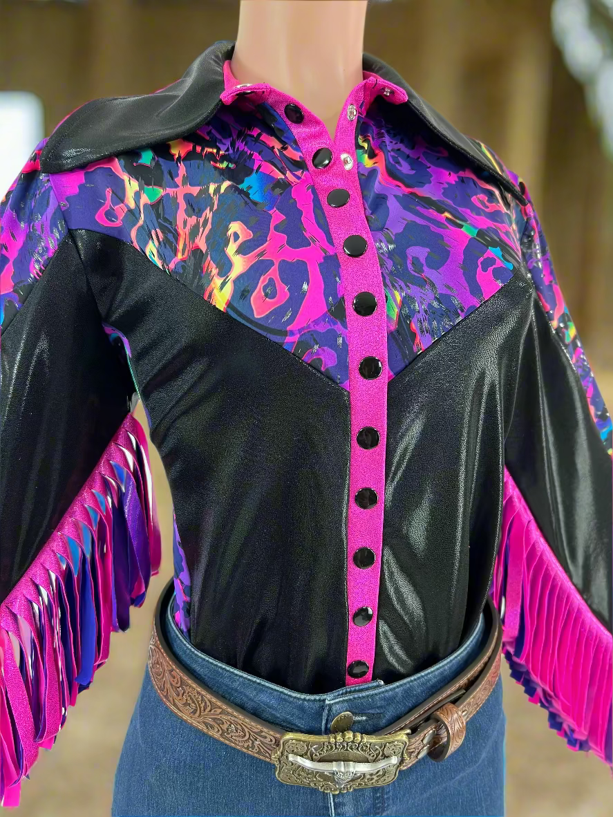 Rainbow Leopard Snap Front Rodeo Shirt with Thunderbird Fringe Rodeo Shirt Riverside Rodeo Shirts