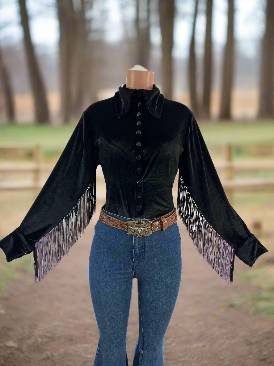 Black Velvet Snap Front Rodeo Shirt with Fringe Rodeo Shirt Riverside Rodeo Shirts