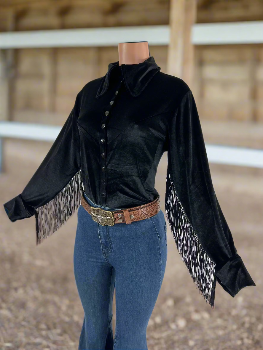 Black Velvet Snap Front Rodeo Shirt with Fringe Rodeo Shirt Riverside Rodeo Shirts