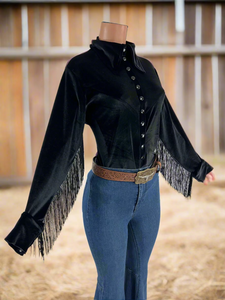 Black Velvet Snap Front Rodeo Shirt with Fringe Rodeo Shirt Riverside Rodeo Shirts