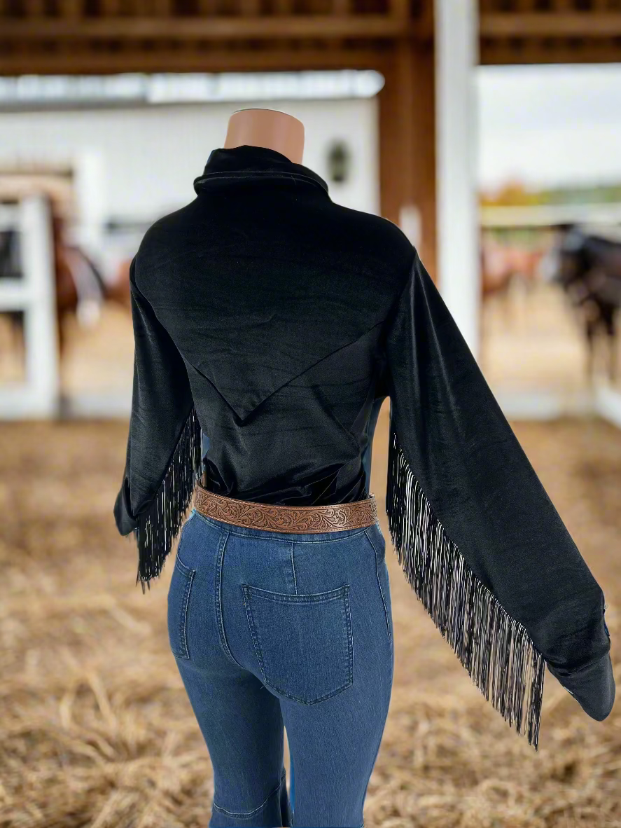 Black Velvet Snap Front Rodeo Shirt with Fringe Rodeo Shirt Riverside Rodeo Shirts