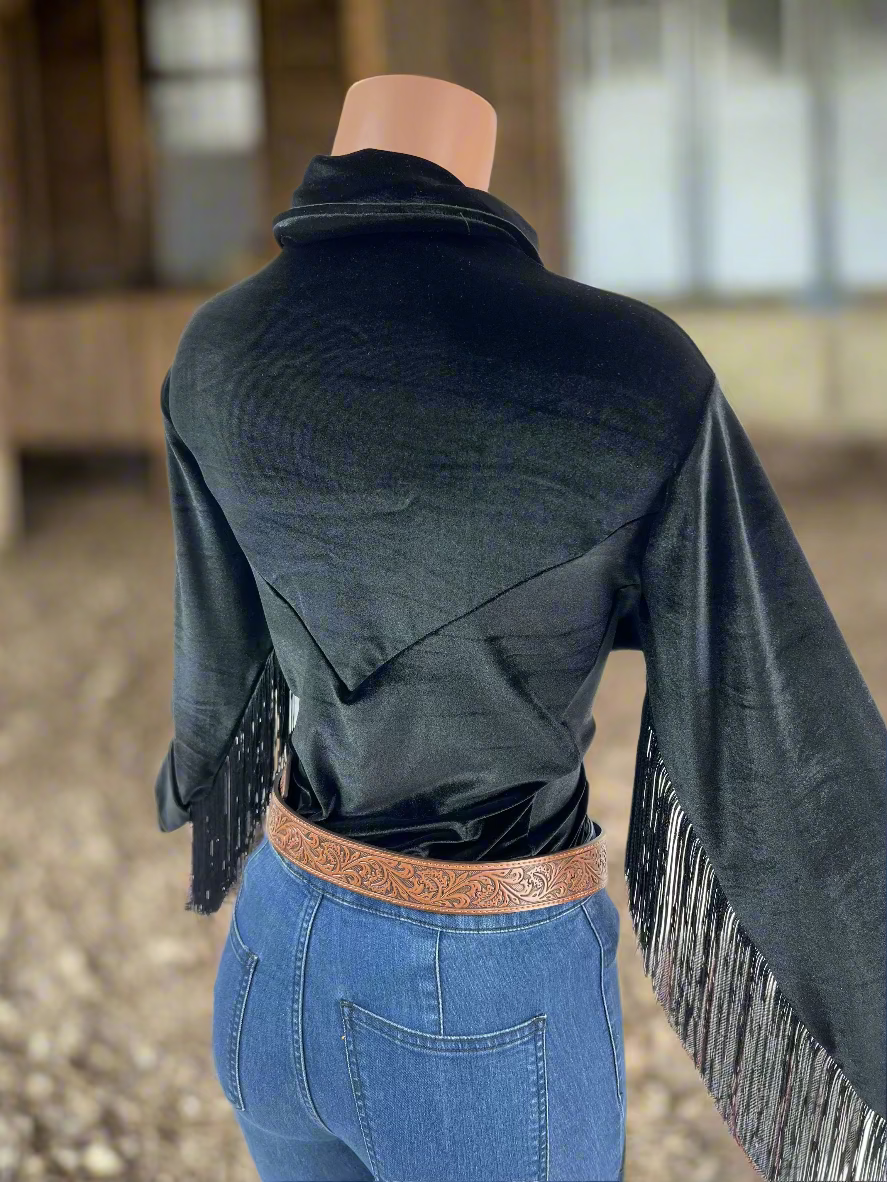 Black Velvet Snap Front Rodeo Shirt with Fringe Rodeo Shirt Riverside Rodeo Shirts