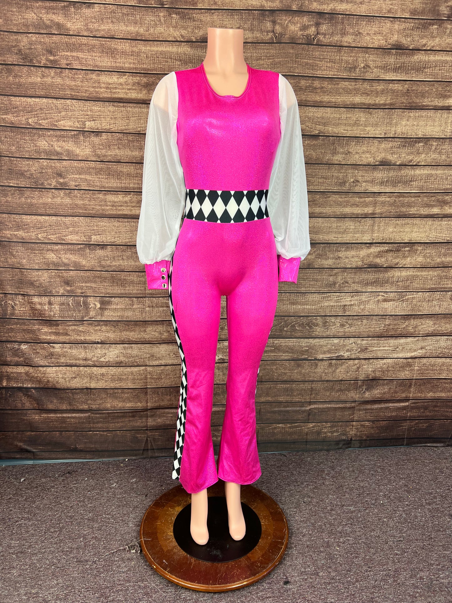 Neon Pink and Diamond Print, Puffed Mesh Sleeve Trick Rider Jumpsuit