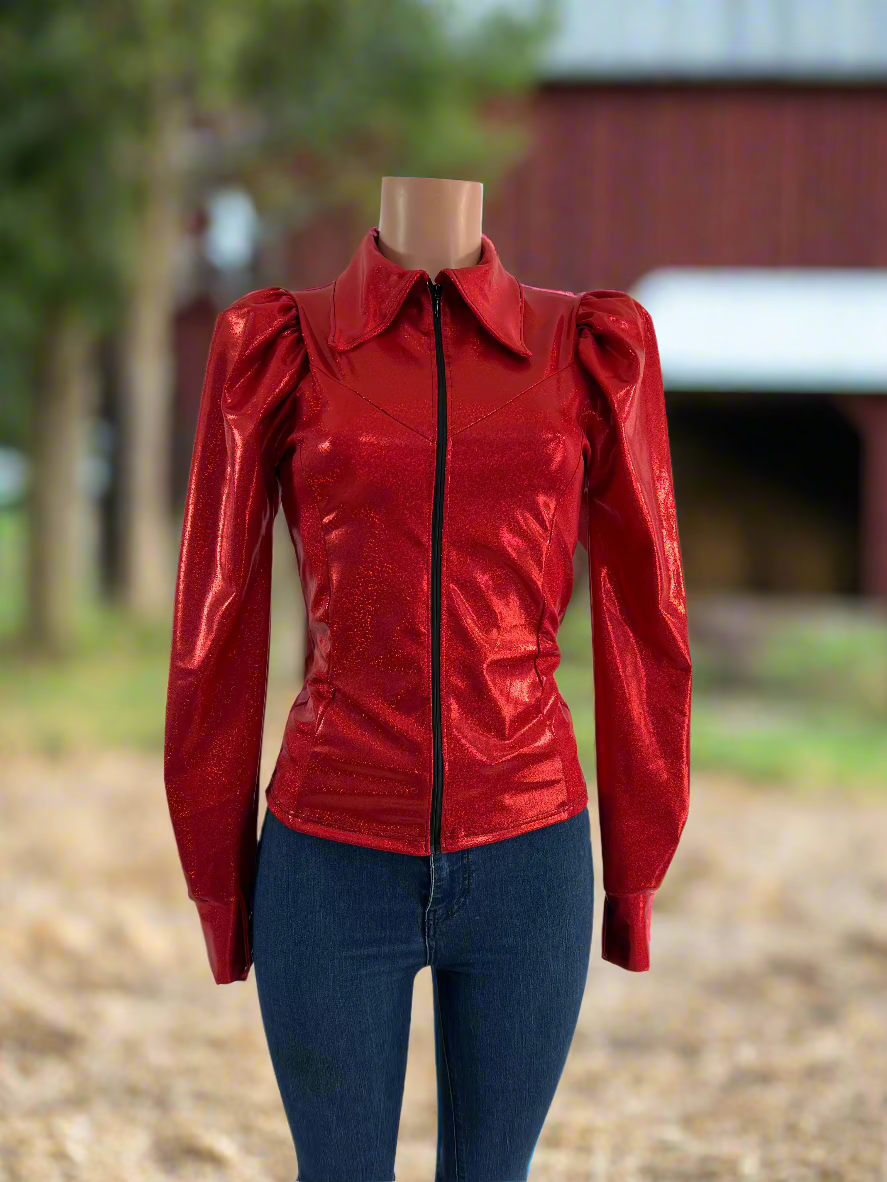 Red Sparkly Rodeo Shirt with Puffed Sleeves Rodeo Shirt Riverside Rodeo Shirts