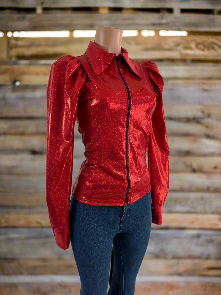 Red Sparkly Rodeo Shirt with Puffed Sleeves Rodeo Shirt Riverside Rodeo Shirts