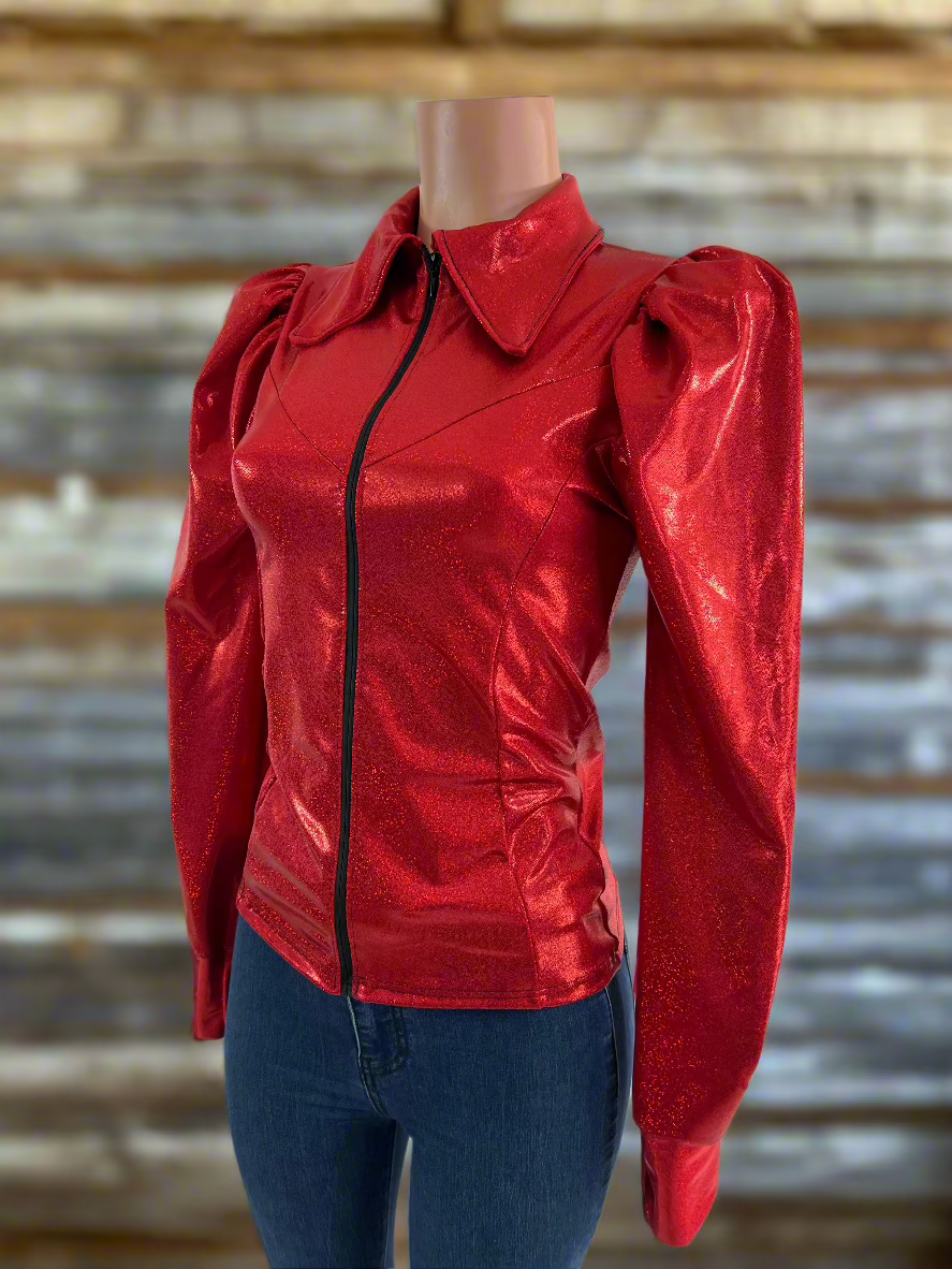 Red Sparkly Rodeo Shirt with Puffed Sleeves Rodeo Shirt Riverside Rodeo Shirts