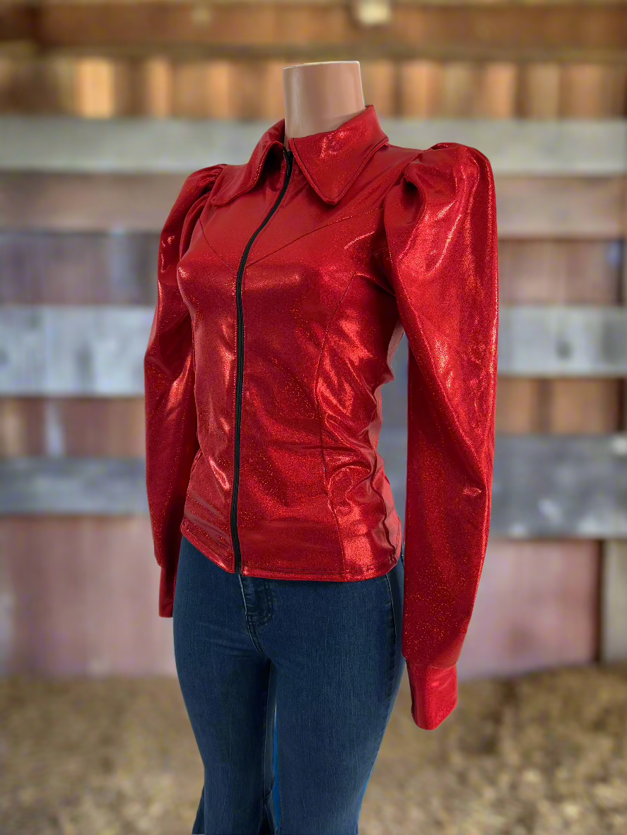 Red Sparkly Rodeo Shirt with Puffed Sleeves Rodeo Shirt Riverside Rodeo Shirts