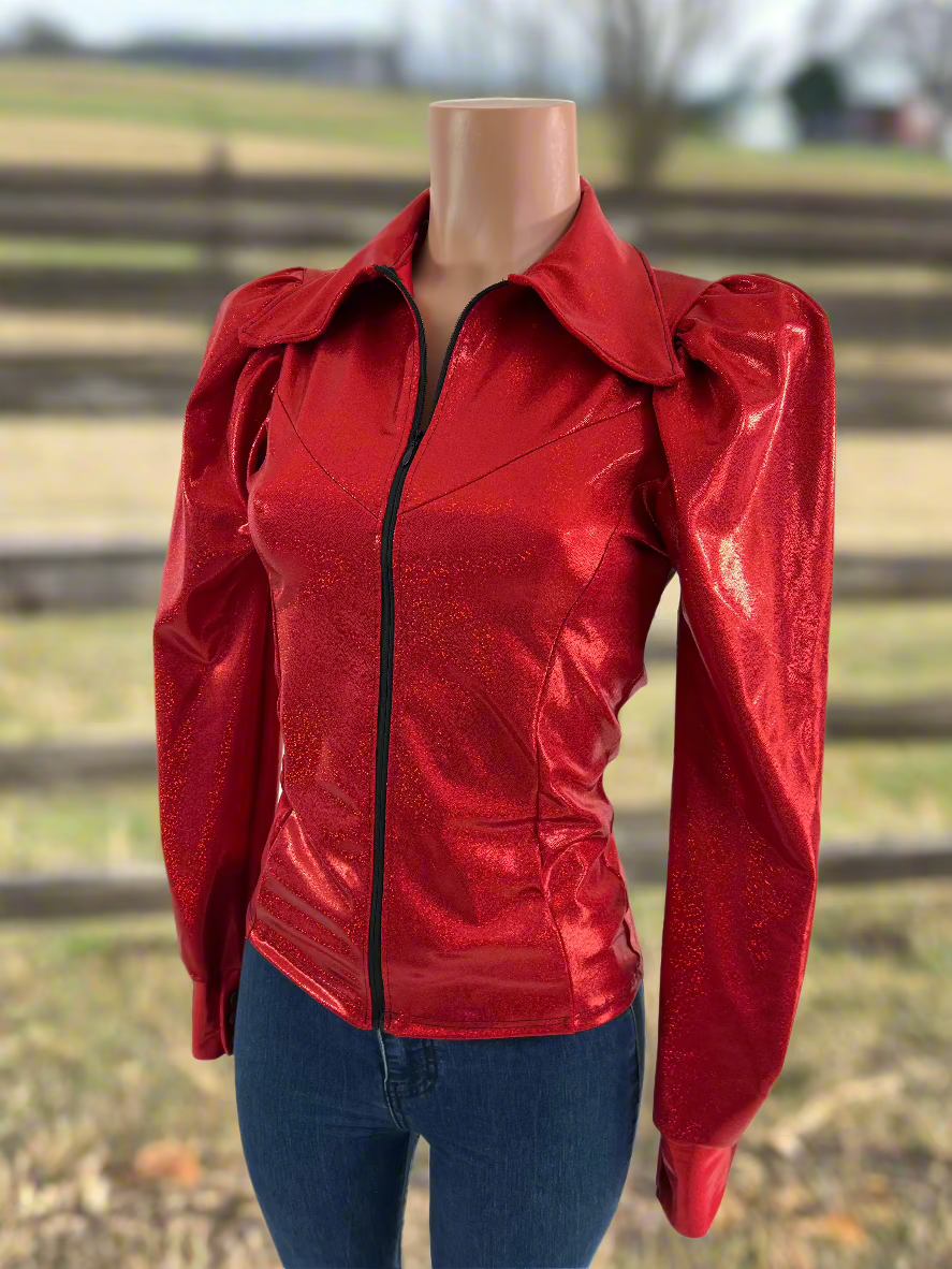 Red Sparkly Rodeo Shirt with Puffed Sleeves Rodeo Shirt Riverside Rodeo Shirts