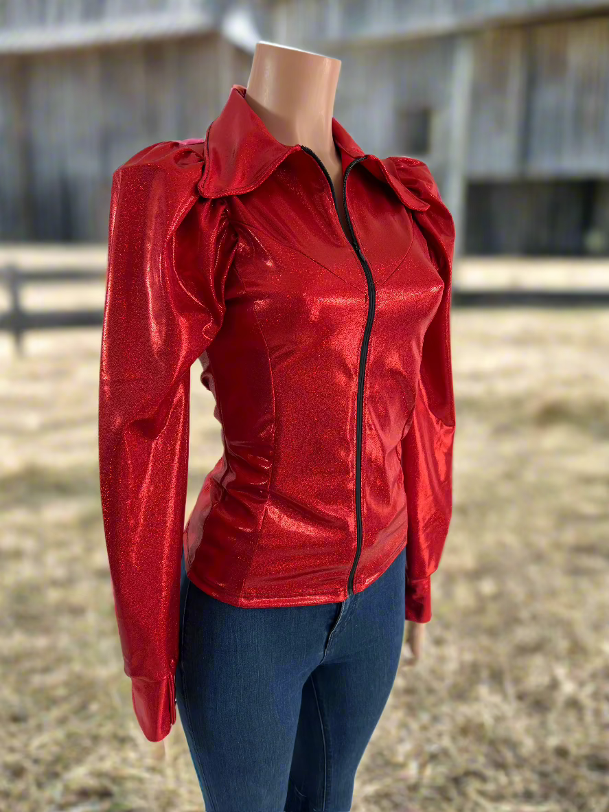 Red Sparkly Rodeo Shirt with Puffed Sleeves Rodeo Shirt Riverside Rodeo Shirts