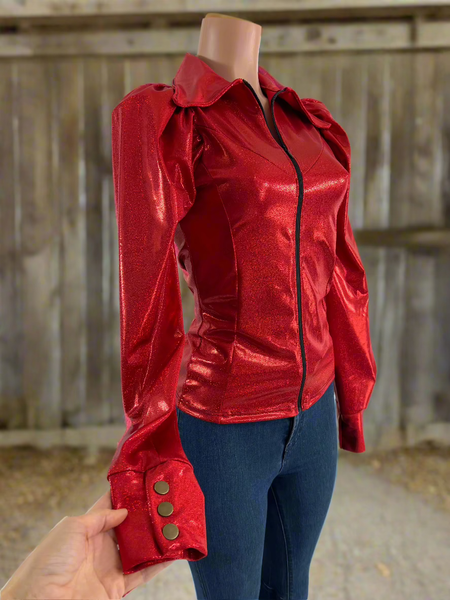 Red Sparkly Rodeo Shirt with Puffed Sleeves Rodeo Shirt Riverside Rodeo Shirts