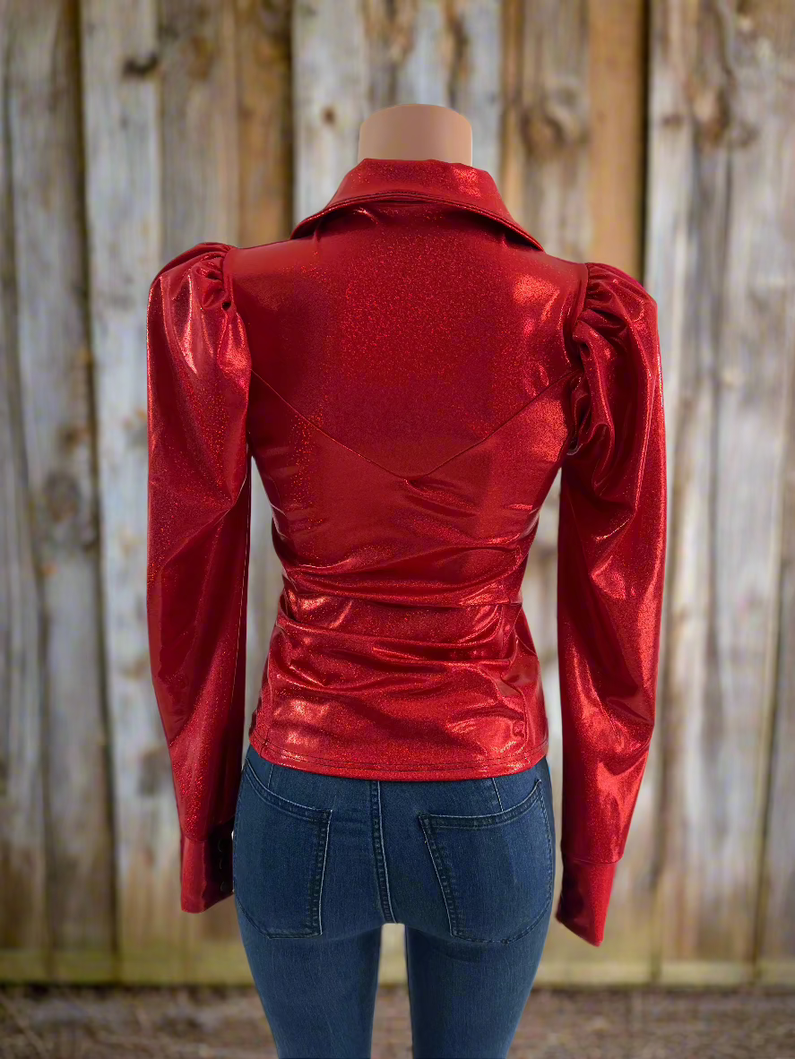 Red Sparkly Rodeo Shirt with Puffed Sleeves Rodeo Shirt Riverside Rodeo Shirts