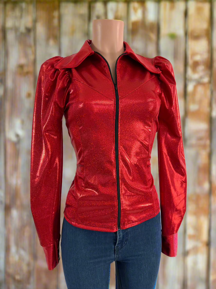 Red Sparkly Rodeo Shirt with Puffed Sleeves Rodeo Shirt Riverside Rodeo Shirts
