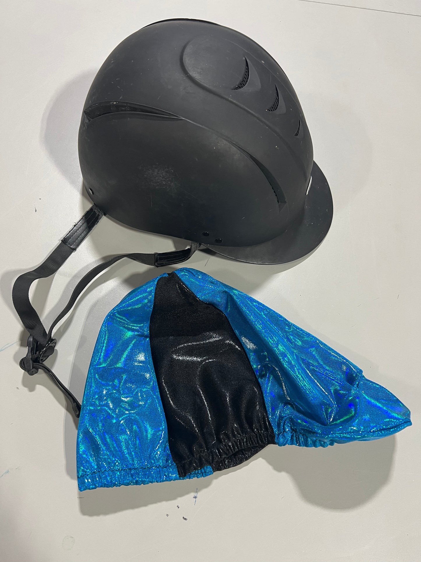 Ready To Ship Peacock and Black Helmet Cover - Riverside Rodeo Shirts