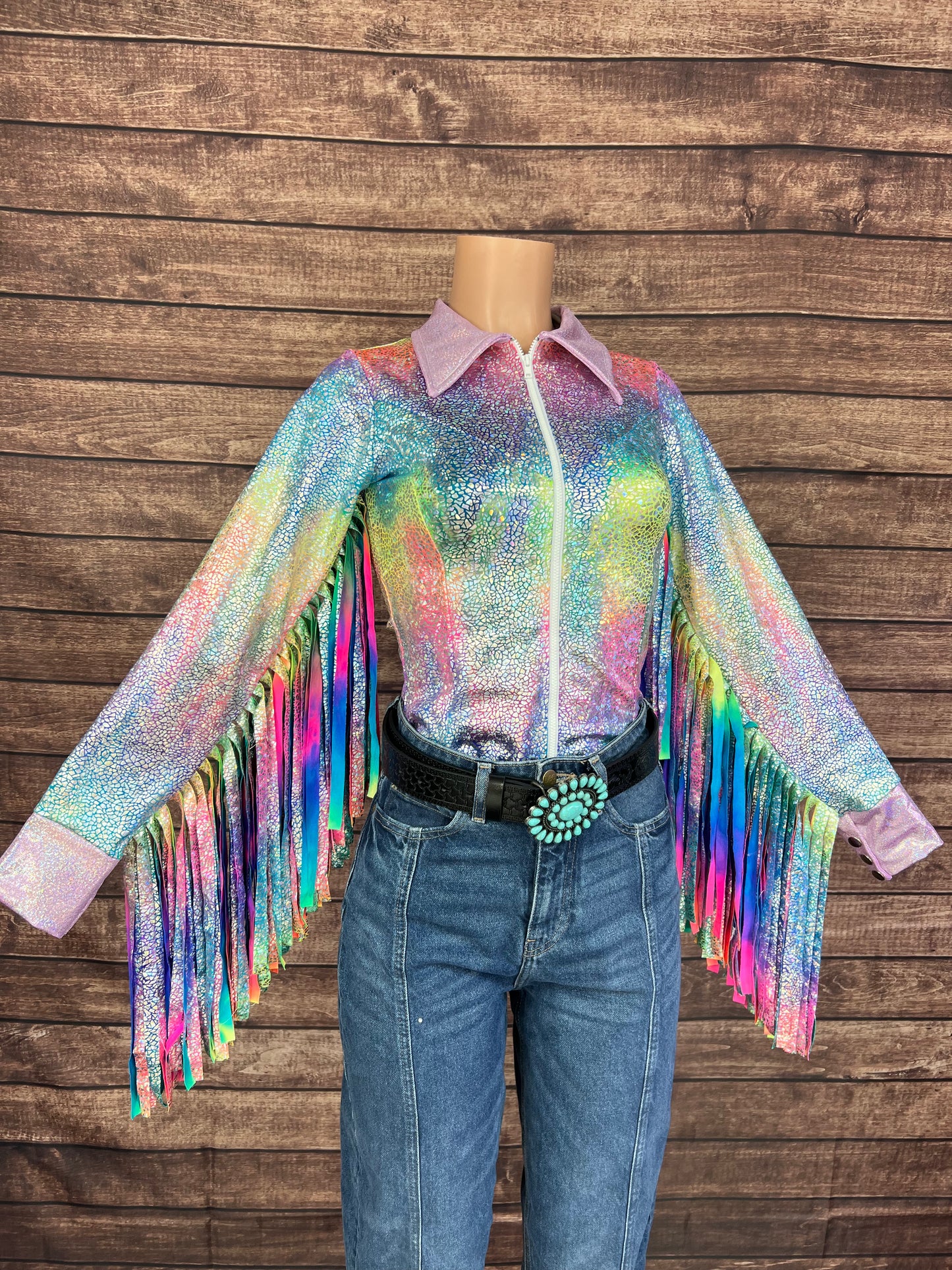 Rainbow Shattered Glass Rodeo Shirt with Thunderbird Fringe