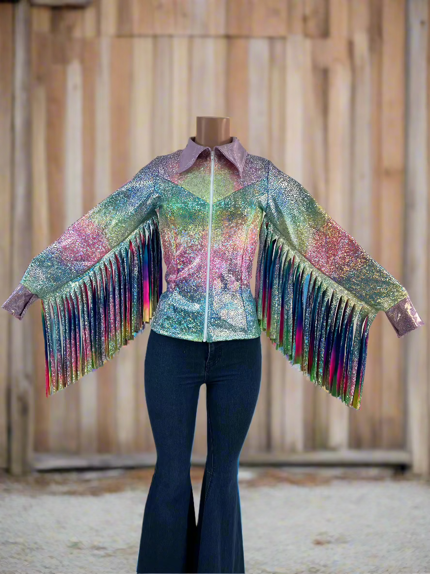 Rainbow Shattered Glass Rodeo Shirt with Thunderbird Fringe Rodeo Shirt Riverside Rodeo Shirts