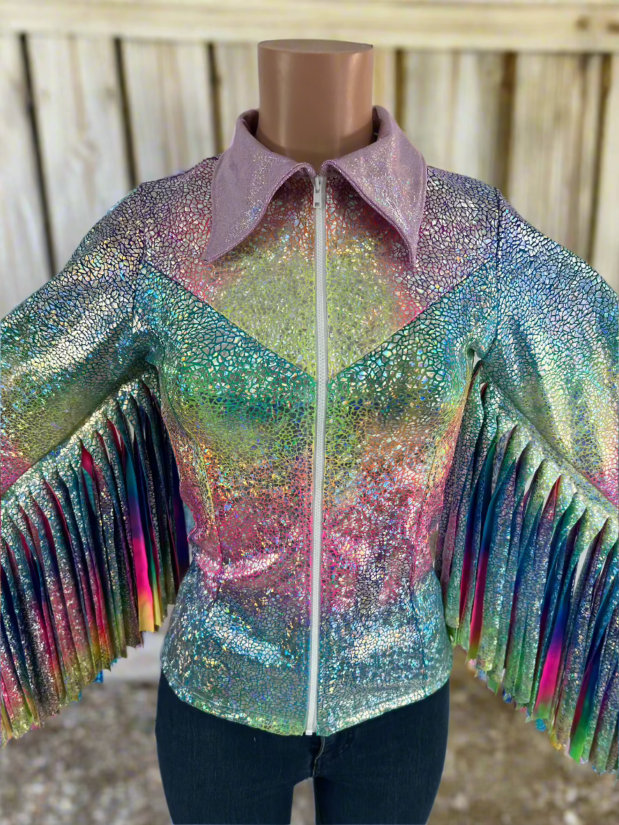 Rainbow Shattered Glass Rodeo Shirt with Thunderbird Fringe Rodeo Shirt Riverside Rodeo Shirts