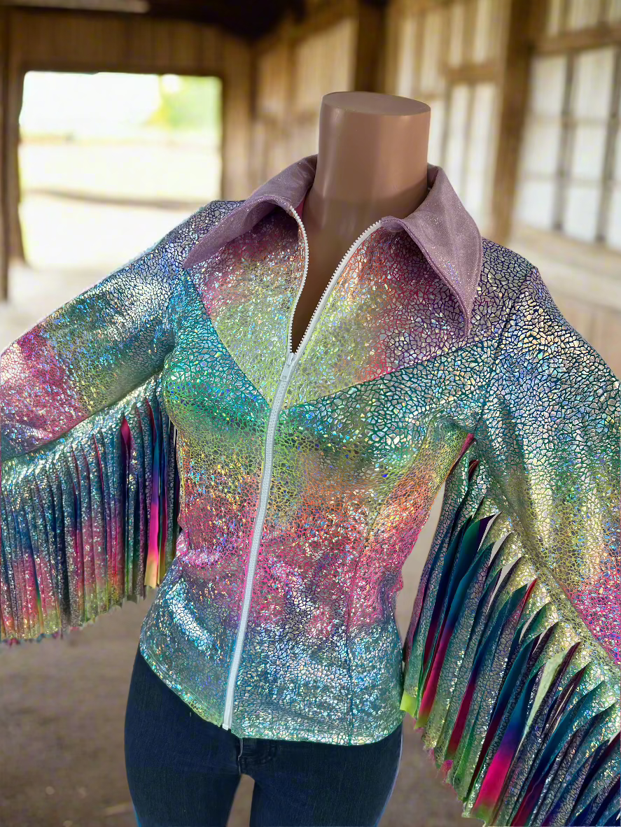 Rainbow Shattered Glass Rodeo Shirt with Thunderbird Fringe Rodeo Shirt Riverside Rodeo Shirts