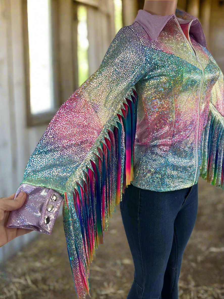 Rainbow Shattered Glass Rodeo Shirt with Thunderbird Fringe Rodeo Shirt Riverside Rodeo Shirts