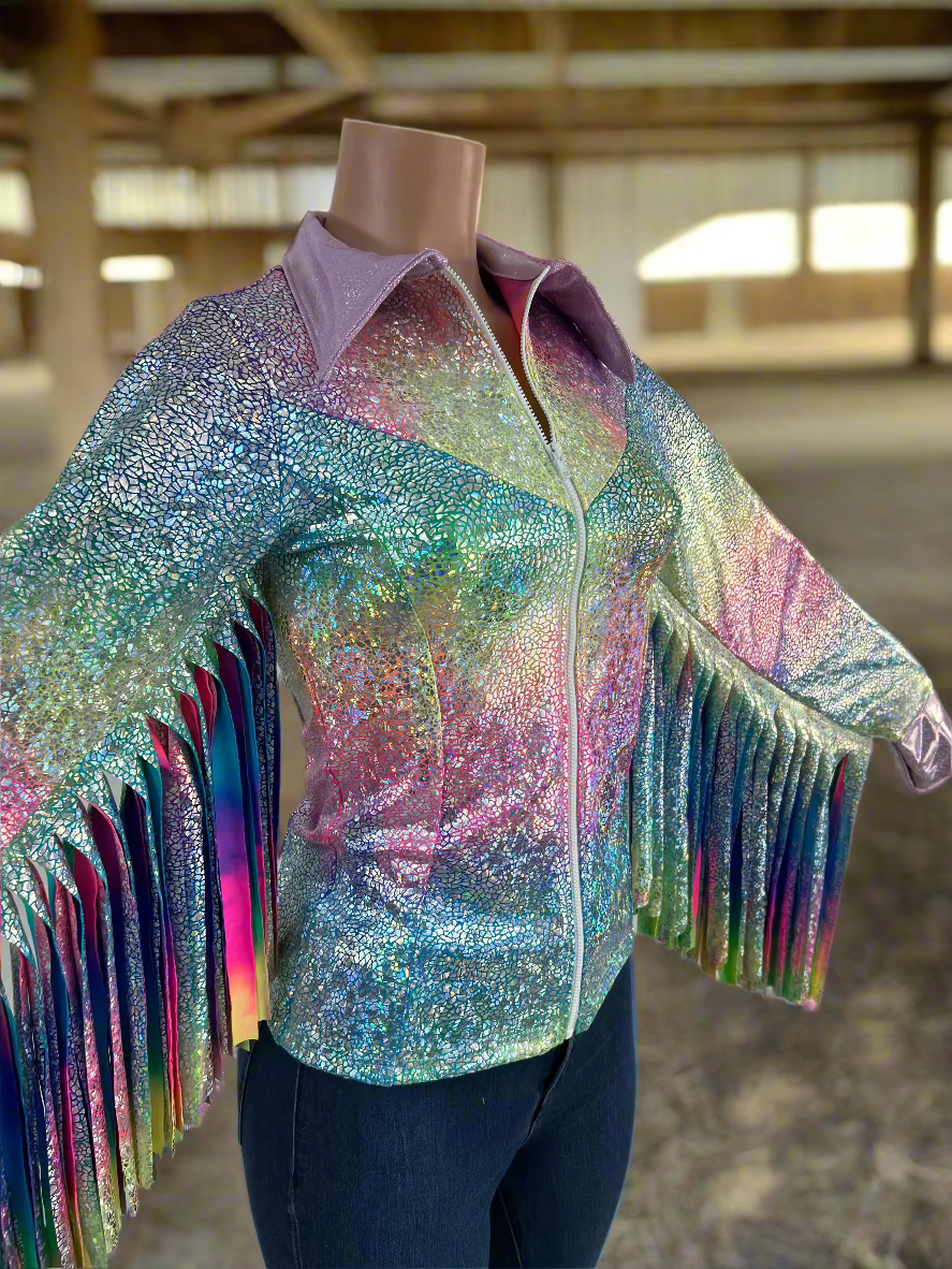 Rainbow Shattered Glass Rodeo Shirt with Thunderbird Fringe Rodeo Shirt Riverside Rodeo Shirts