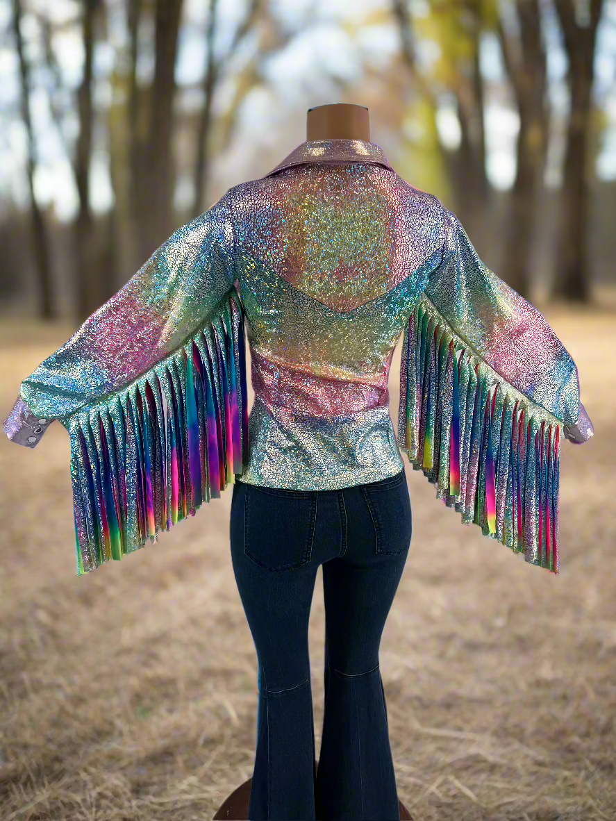 Rainbow Shattered Glass Rodeo Shirt with Thunderbird Fringe Rodeo Shirt Riverside Rodeo Shirts