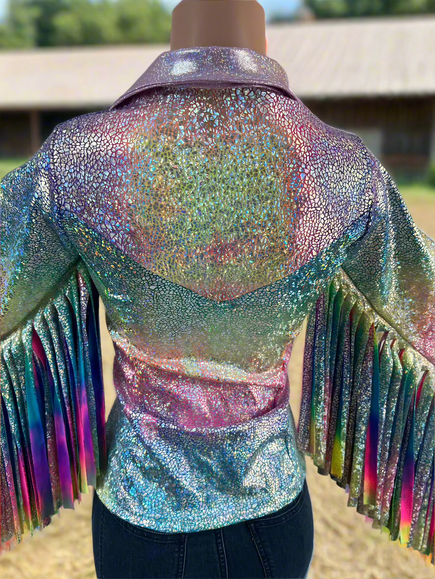 Rainbow Shattered Glass Rodeo Shirt with Thunderbird Fringe Rodeo Shirt Riverside Rodeo Shirts