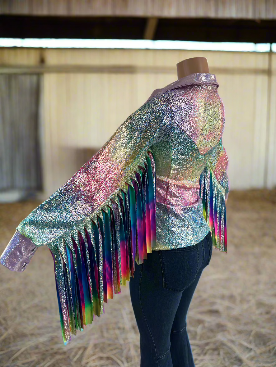 Rainbow Shattered Glass Rodeo Shirt with Thunderbird Fringe Rodeo Shirt Riverside Rodeo Shirts