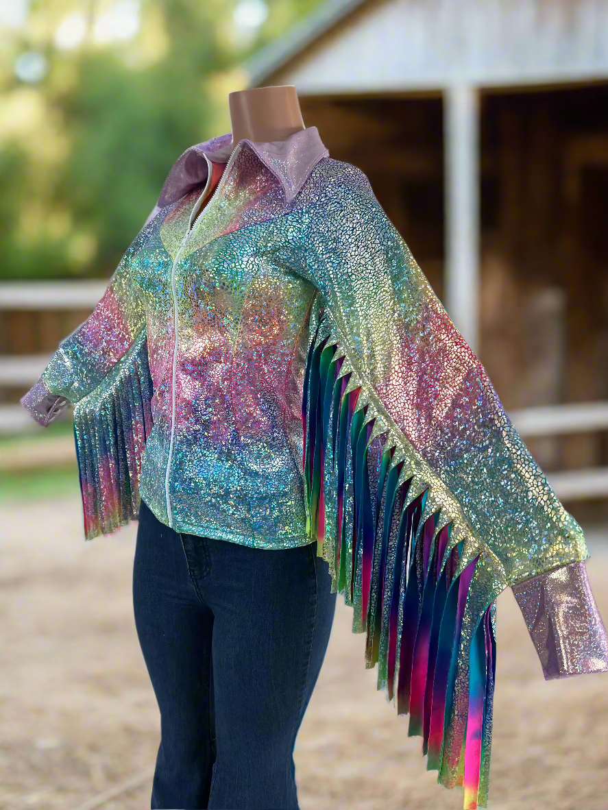 Rainbow Shattered Glass Rodeo Shirt with Thunderbird Fringe Rodeo Shirt Riverside Rodeo Shirts