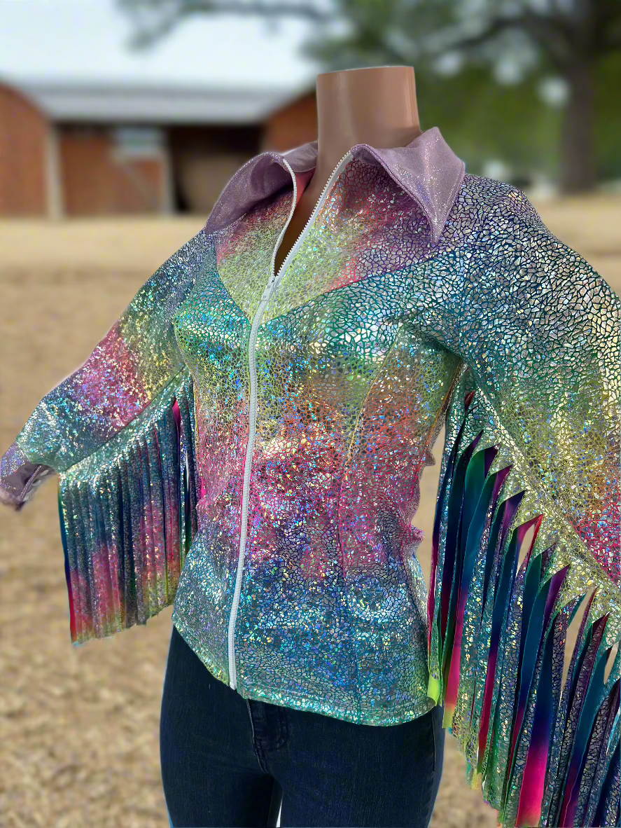 Rainbow Shattered Glass Rodeo Shirt with Thunderbird Fringe Rodeo Shirt Riverside Rodeo Shirts