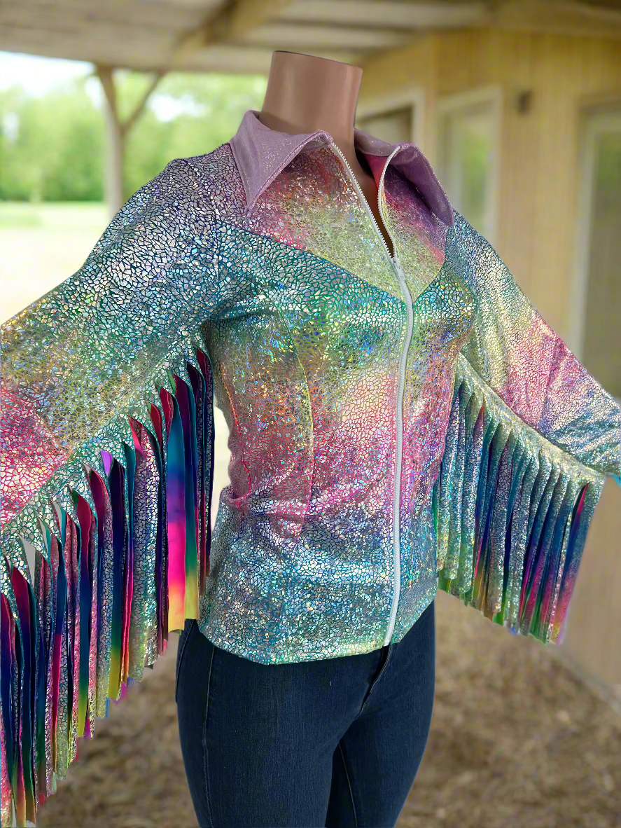 Rainbow Shattered Glass Rodeo Shirt with Thunderbird Fringe Rodeo Shirt Riverside Rodeo Shirts