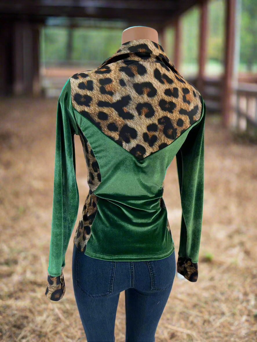 Leopard and Green Velvet Snap Front Rodeo Shirt Rodeo Shirt Riverside Rodeo Shirts