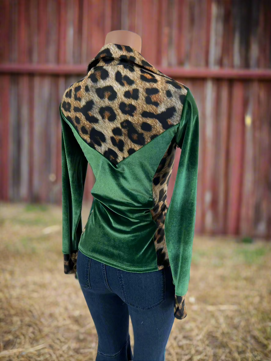 Leopard and Green Velvet Snap Front Rodeo Shirt Rodeo Shirt Riverside Rodeo Shirts