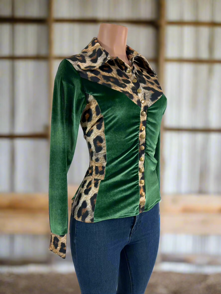 Leopard and Green Velvet Snap Front Rodeo Shirt Rodeo Shirt Riverside Rodeo Shirts