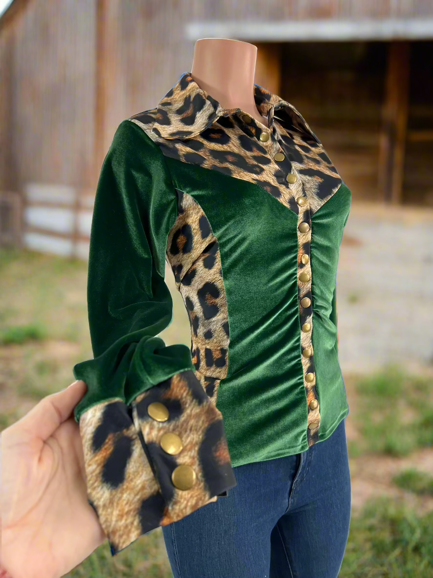 Leopard and Green Velvet Snap Front Rodeo Shirt Rodeo Shirt Riverside Rodeo Shirts