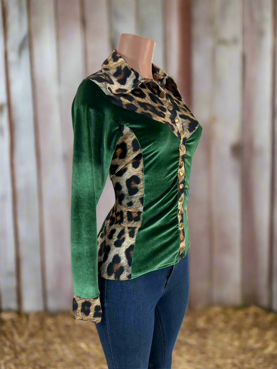 Leopard and Green Velvet Snap Front Rodeo Shirt Rodeo Shirt Riverside Rodeo Shirts