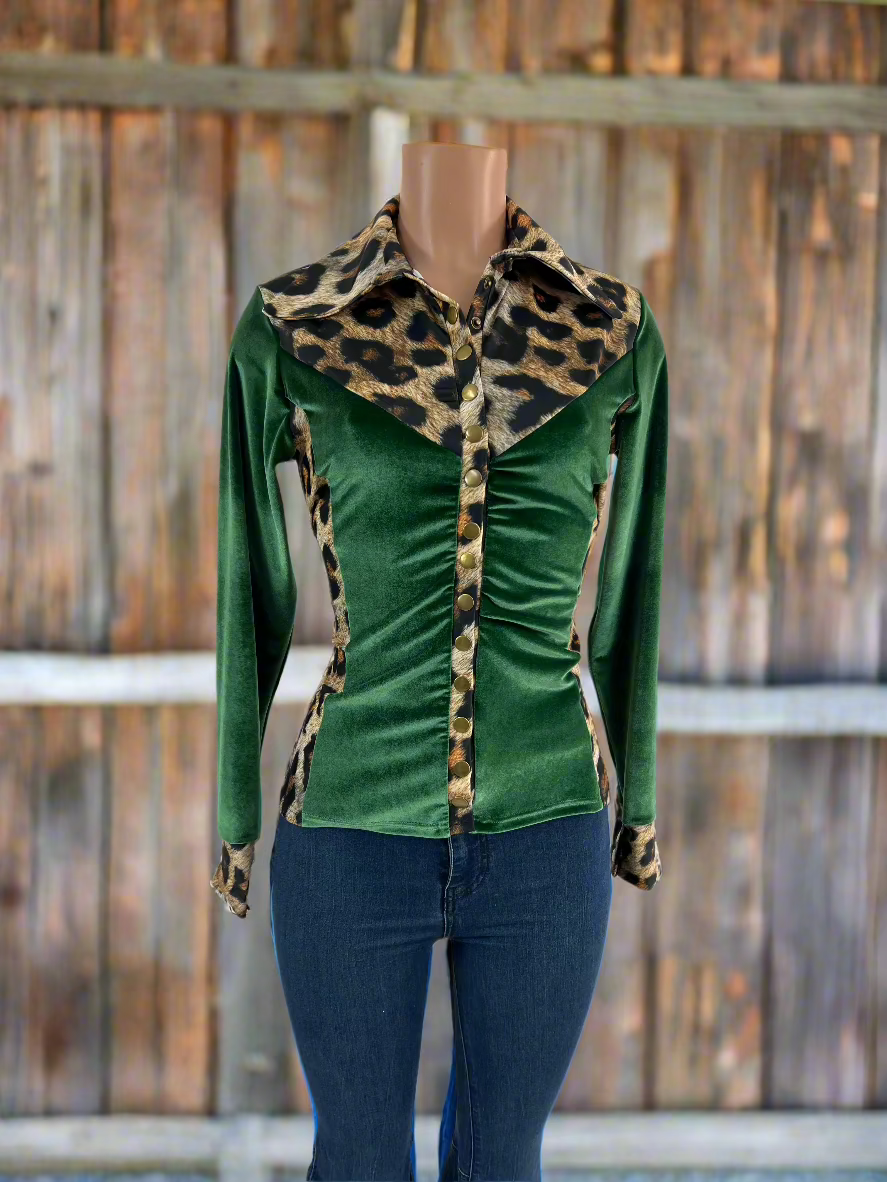 Leopard and Green Velvet Snap Front Rodeo Shirt - Riverside Rodeo Shirts