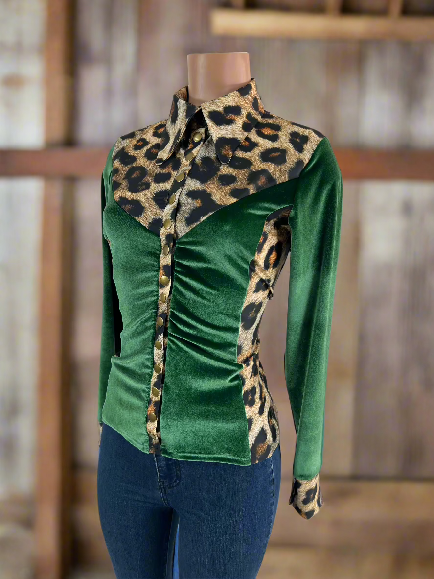 Leopard and Green Velvet Snap Front Rodeo Shirt Rodeo Shirt Riverside Rodeo Shirts