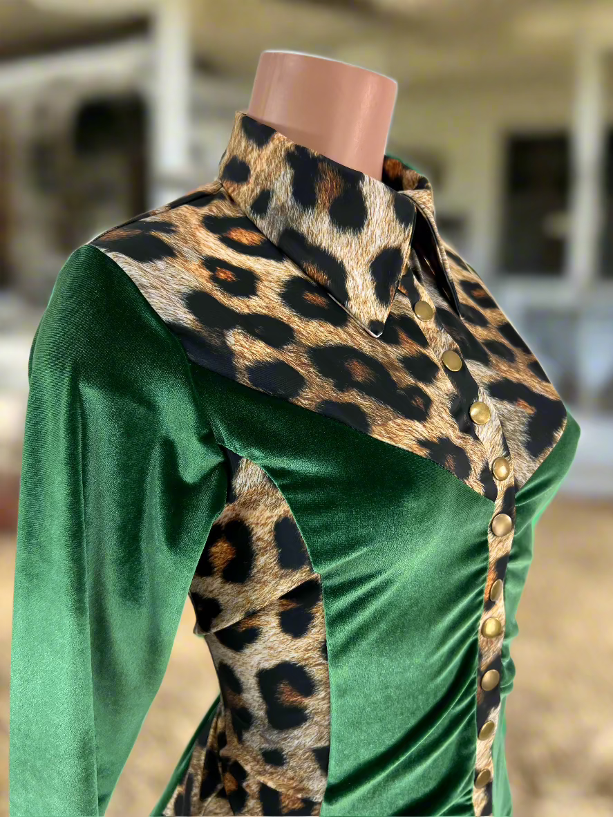 Leopard and Green Velvet Snap Front Rodeo Shirt Rodeo Shirt Riverside Rodeo Shirts