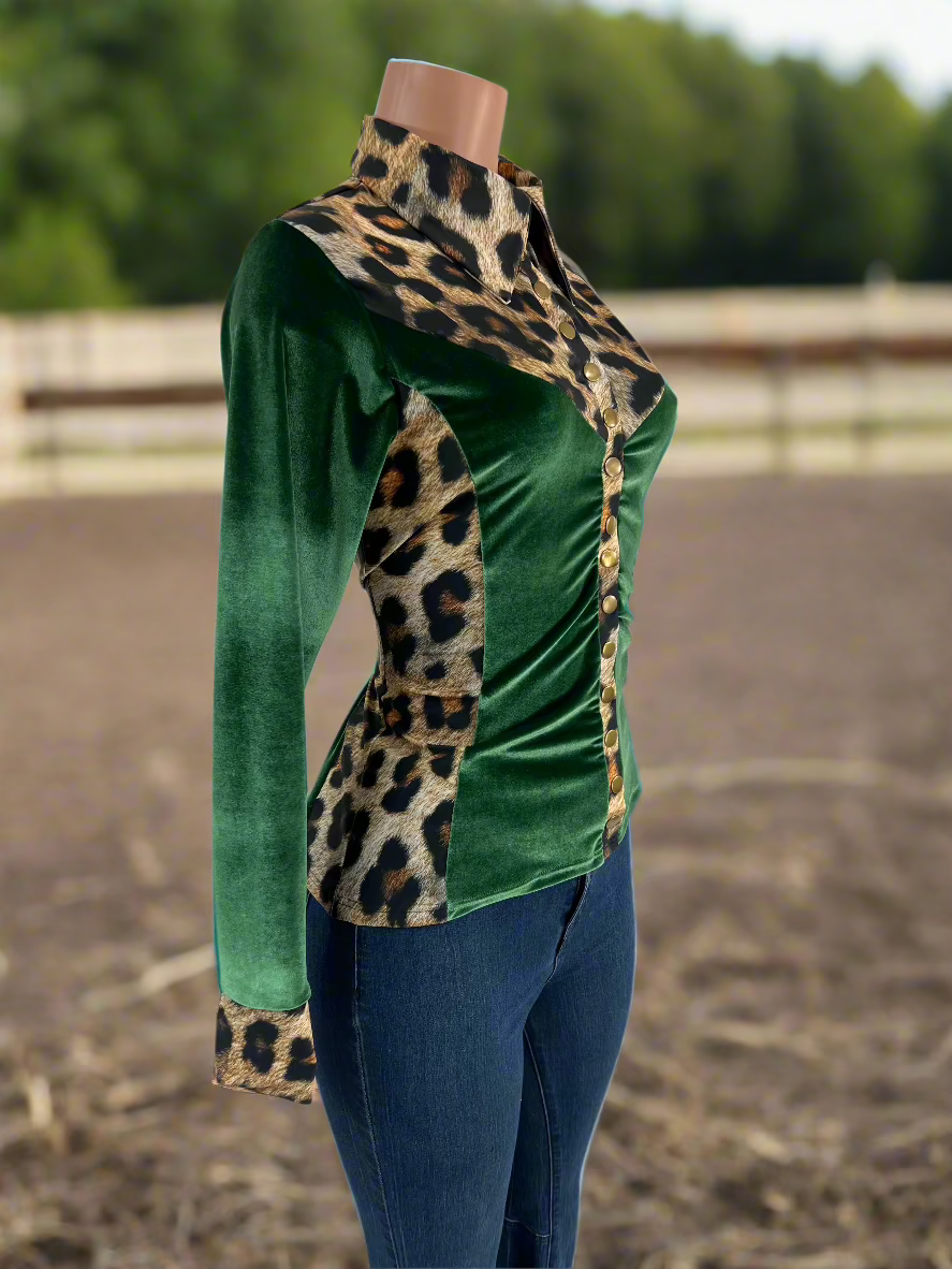Leopard and Green Velvet Snap Front Rodeo Shirt Rodeo Shirt Riverside Rodeo Shirts