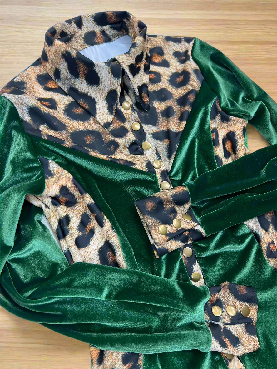 Leopard and Green Velvet Snap Front Rodeo Shirt Rodeo Shirt Riverside Rodeo Shirts