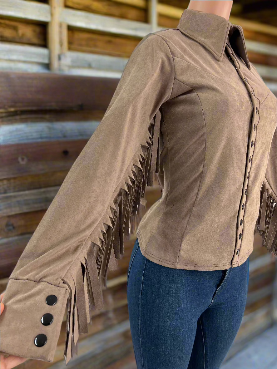 Rocky Mountain Faux Suede Rodeo shirt with Fringe- Snap Front Rodeo Shirt Riverside Rodeo Shirts