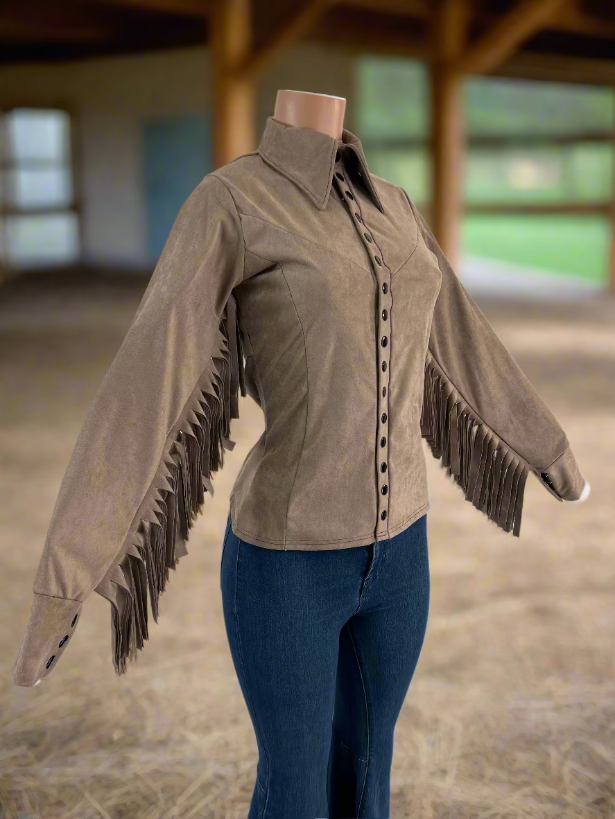 Rocky Mountain Faux Suede Rodeo shirt with Fringe- Snap Front Rodeo Shirt Riverside Rodeo Shirts