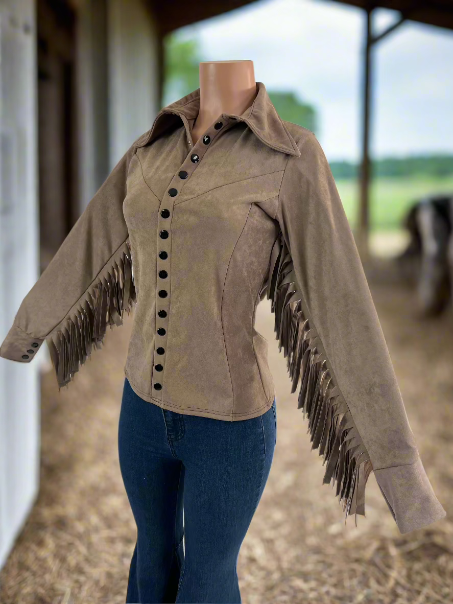 Rocky Mountain Faux Suede Rodeo shirt with Fringe- Snap Front Rodeo Shirt Riverside Rodeo Shirts