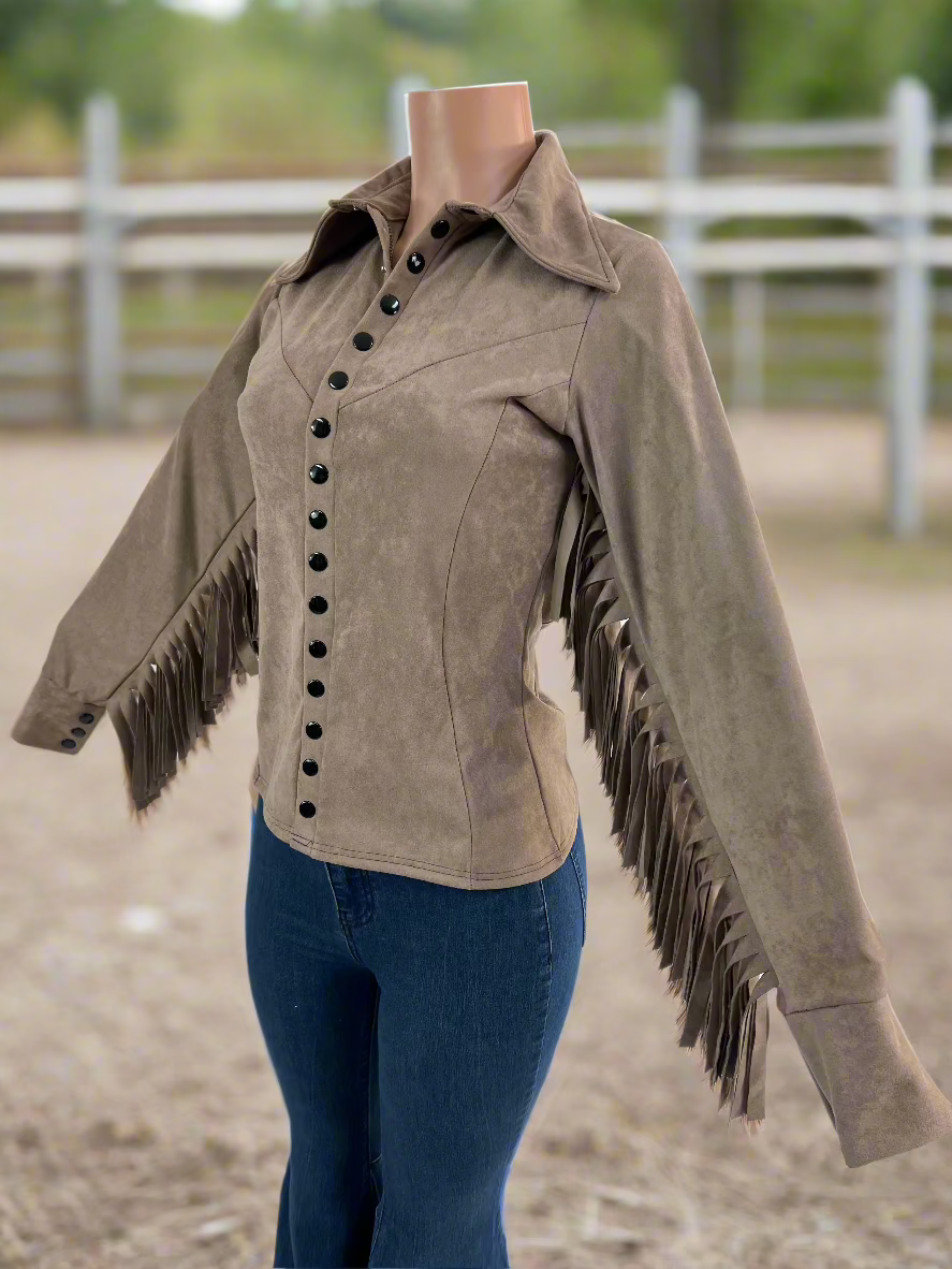 Rocky Mountain Faux Suede Rodeo shirt with Fringe- Snap Front Rodeo Shirt Riverside Rodeo Shirts