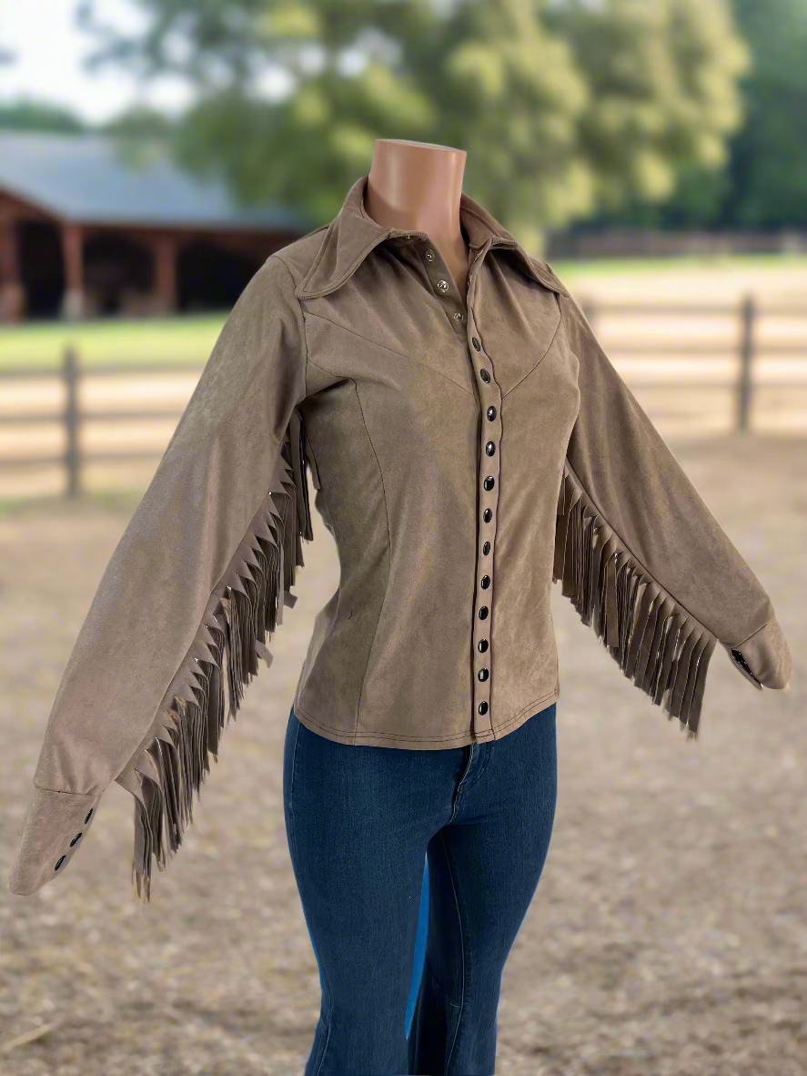 Rocky Mountain Faux Suede Rodeo shirt with Fringe- Snap Front Rodeo Shirt Riverside Rodeo Shirts