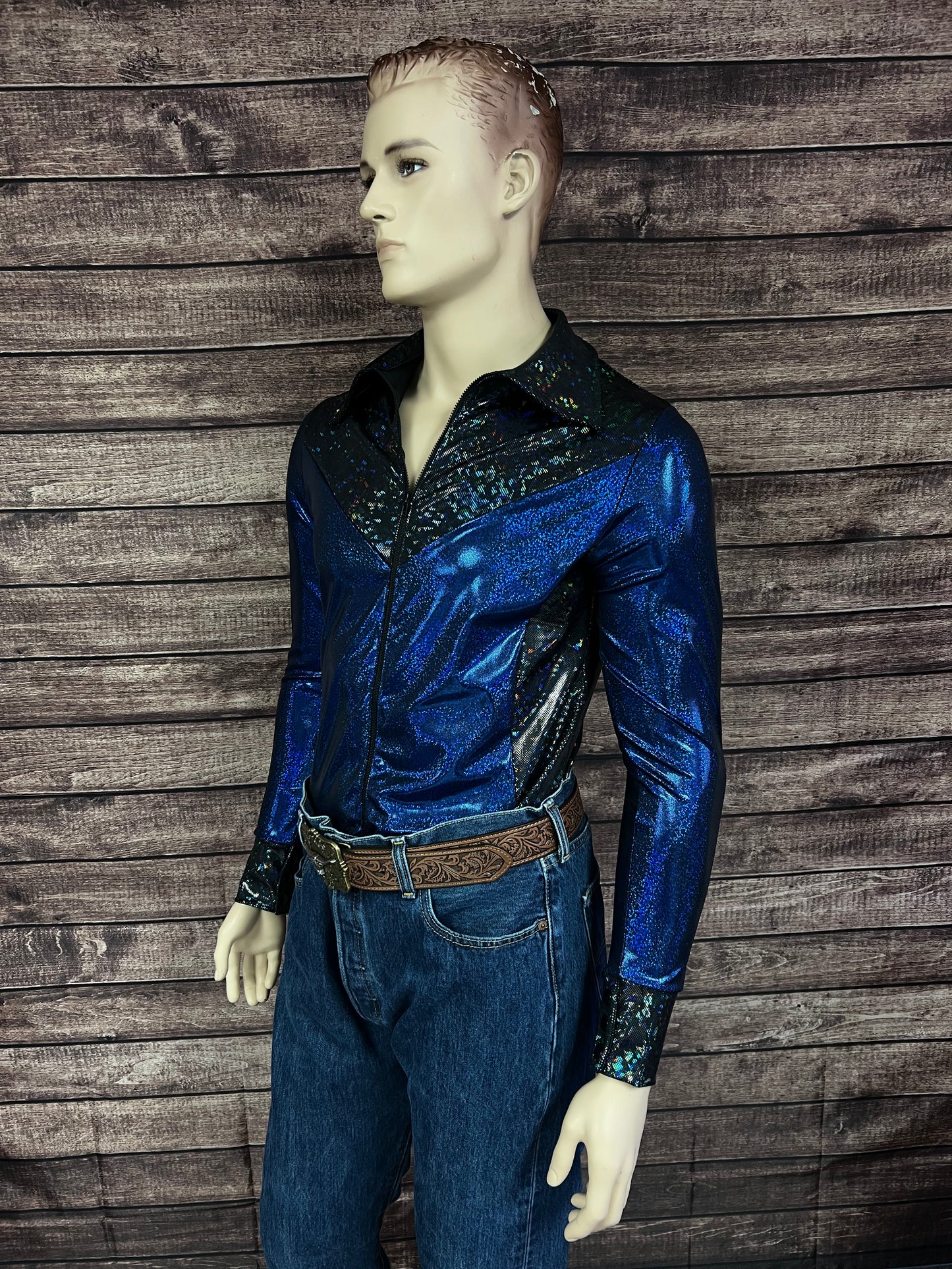 Mens Blue Bayou Zipper Front Rodeo Shirt with Yoke Fringe