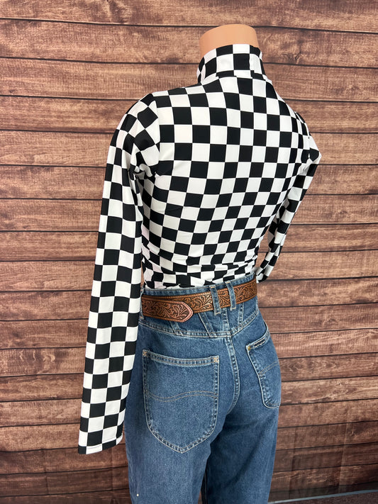 Mock Turtleneck Long Sleeve Western Show Shirt in Black and White Checkered