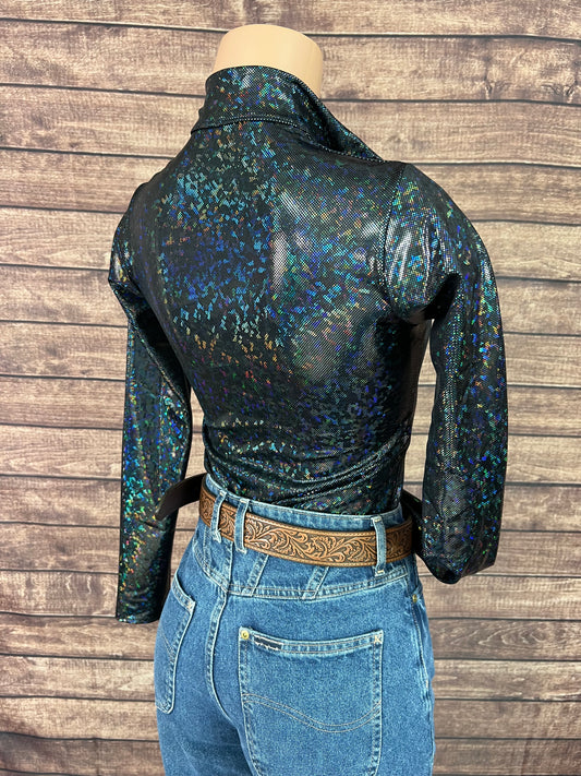 Mock Turtleneck 1/4 Zip Long Sleeve Western Show Shirt in Black Kaleidoscope