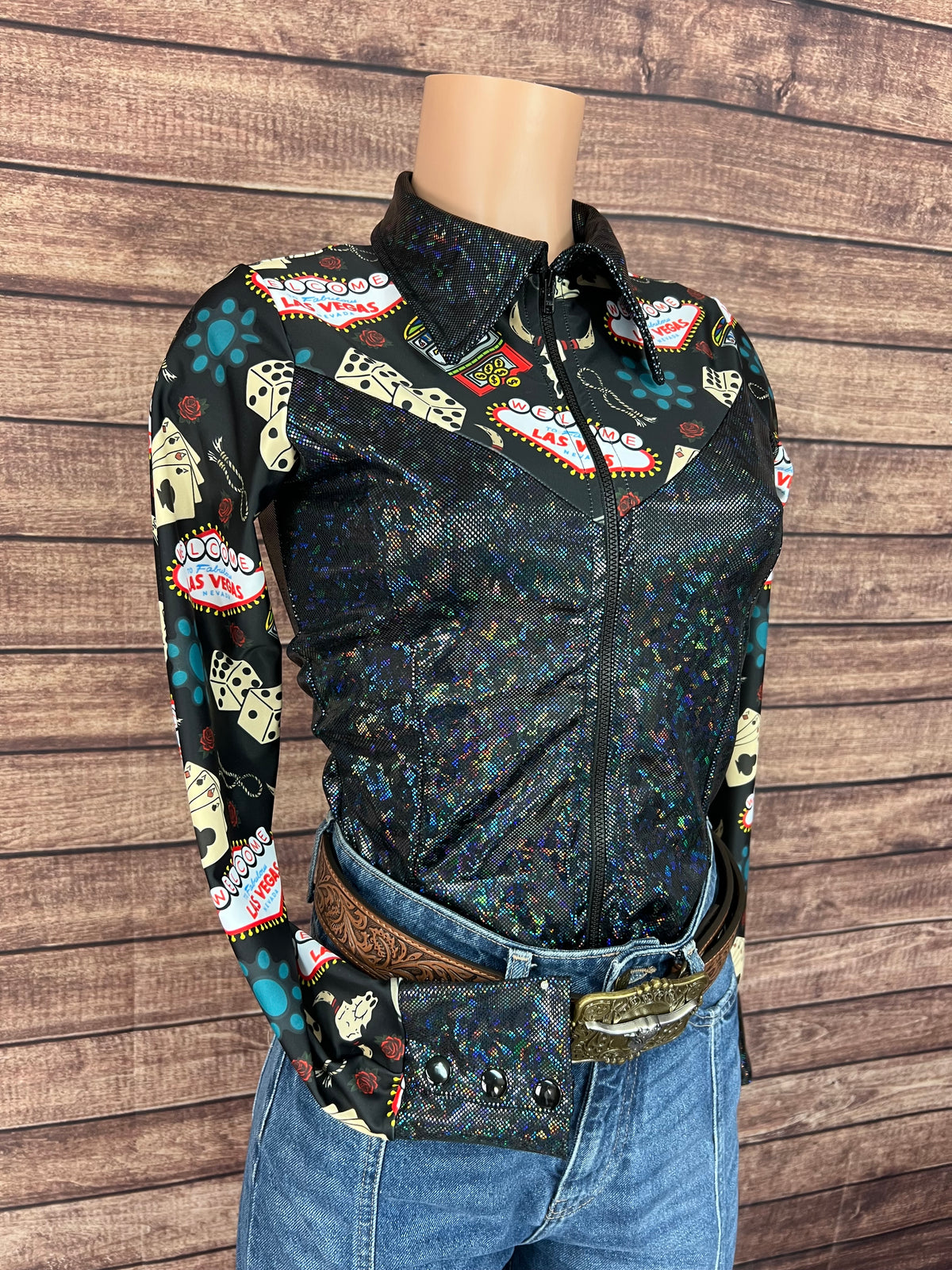 Black Kaleidoscope & Vegas Print Zipper Front Rodeo Shirt with Snap Cuffs
